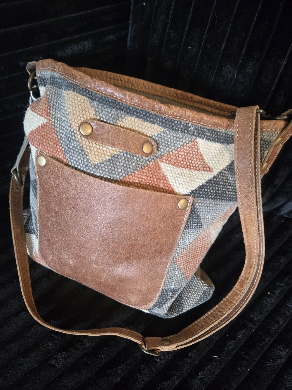 Myra Bag Brown Leather & Multi-Color Geometric Canvas Satchel